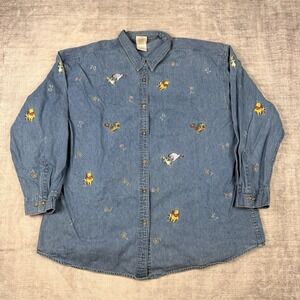 Vintage Disney Shirt Mens 2XL Blue Y2K Denim Winnie The Pooh Embroidered Aop